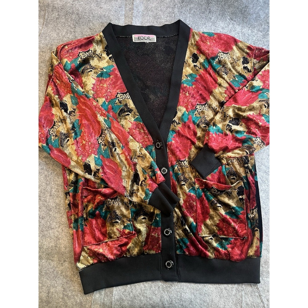 Vintage Velour Cardigan Sweater Kocal Size M 90s Wine Red Gold Rayon